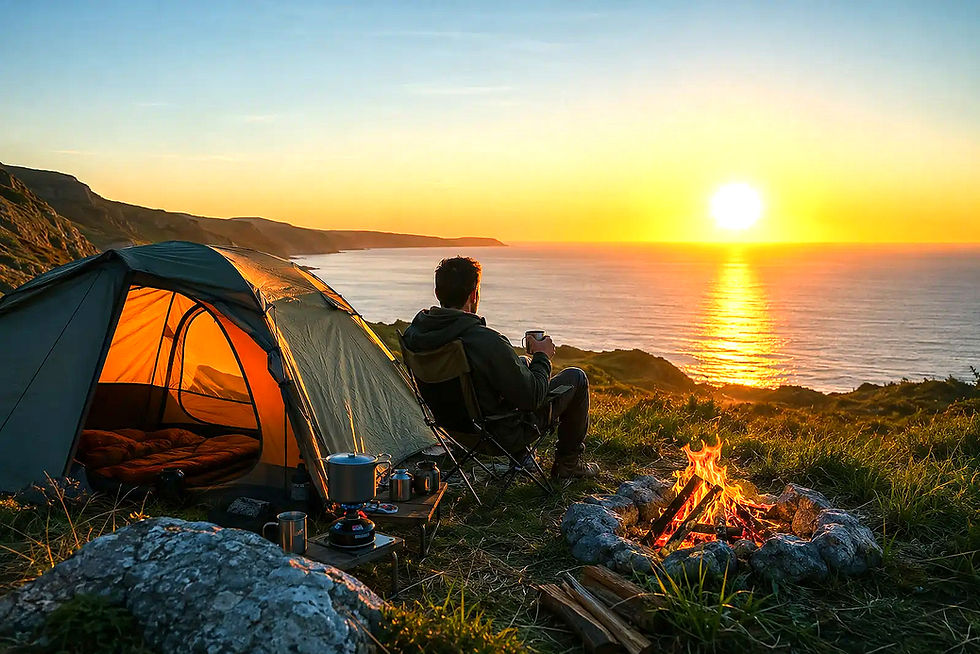 Mann beim Camping am Meer mit Campingkocher und Lagerfeuer.