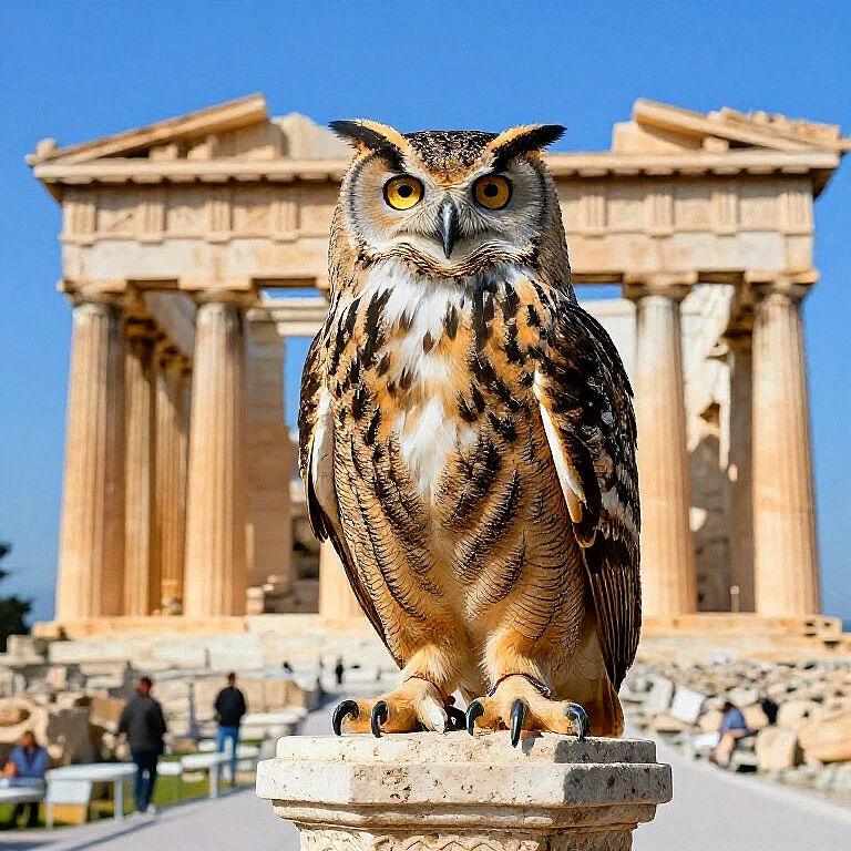 Majestätischer Uhu auf Sockel vor antiken griechischen Tempelruinen.