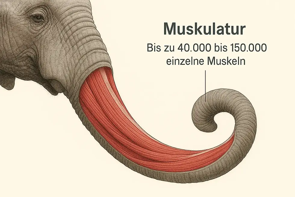 Elefantenrüssel mit Muskulatur-Anzeige, Text: Bis zu 150.000 einzelne Muskeln, Elefant.