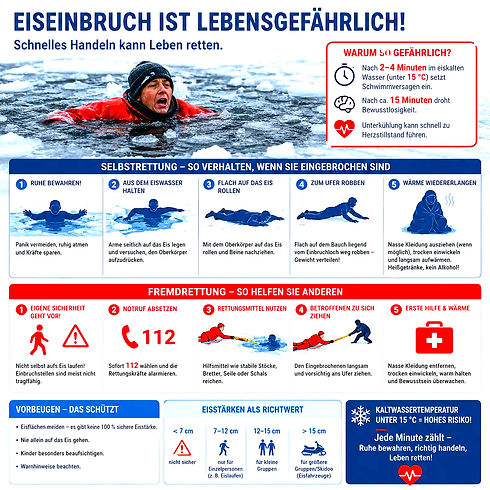 Infografik zum Verhalten bei einem Eiseinbruch mit Rettungstipps.