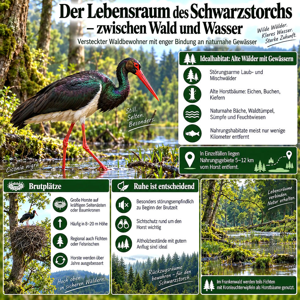 Infografik zum Schwarzstorch im Waldmoor: Vogel im Wasser, Karten und Hinweise zu Brutplätzen, Ruhe und Lebensraum.