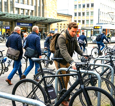 Mann sichert Fahrrad am Ständer, Diebstahlschutz