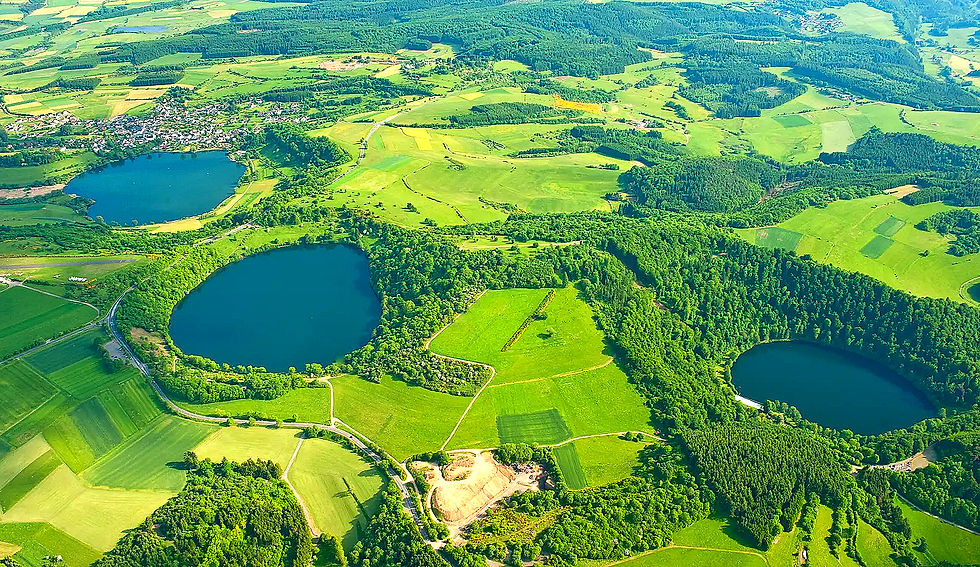 Holzturm über dichtem Wald, weite grüne Hügellandschaft der Vulkaneifel.