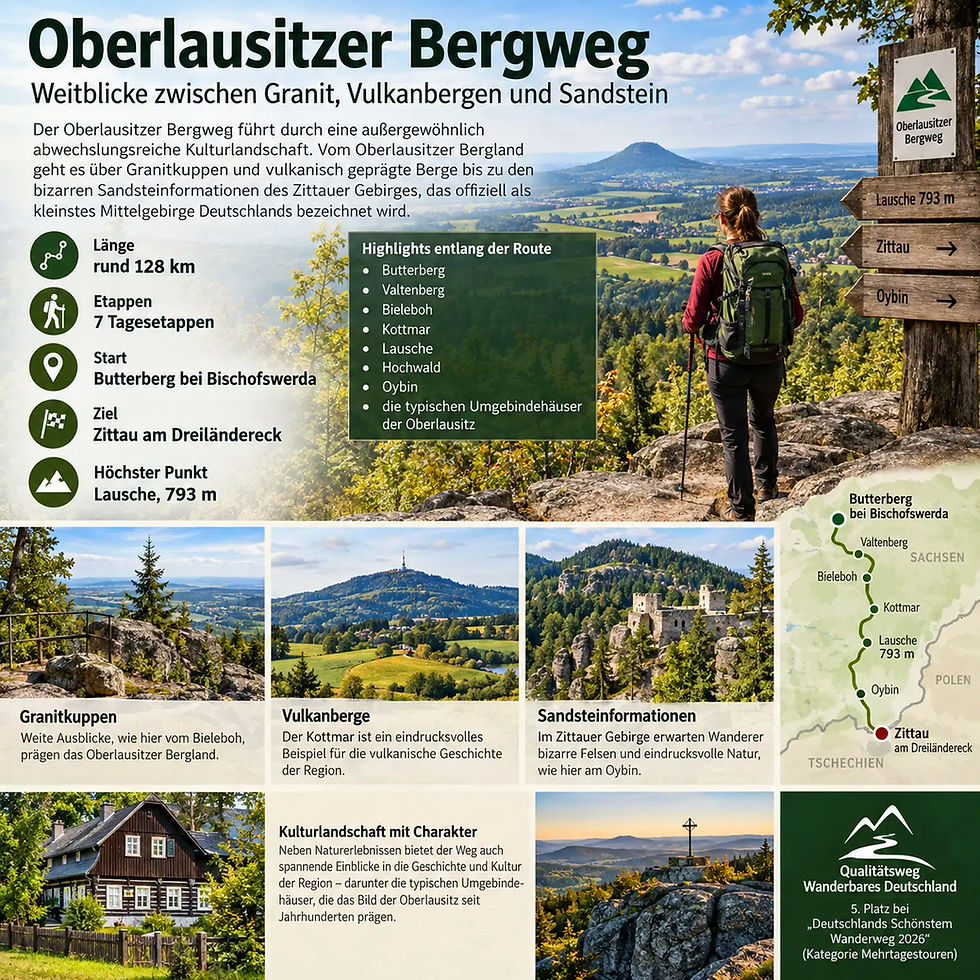 Wandertafel zum Oberlausitzer Bergweg mit Blick ins Tal, Wanderin am Wegweiser, Karten und Infos zu 128 km, 7 Etappen, Lausche 793 m