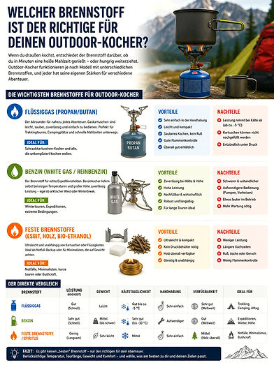 Infografik: Gaskocher und Brennstoffe für Campingkocher
