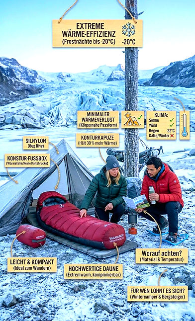 Schlafsack beim Camping in kalter Winterlandschaft