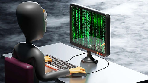 3D-Figur tippt am Computer mit grünem Matrix-Code auf Bildschirm.