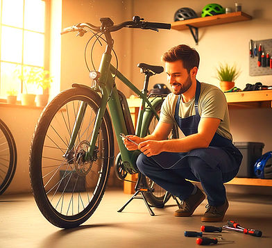 Lächelnder Mann repariert grünes E-Bike mit Werkzeugen in sonniger Werkstatt.