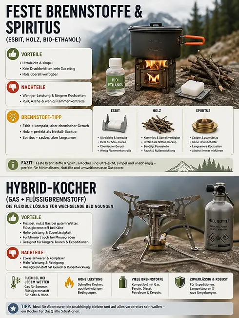 Infografik zu Kocherarten: Feste Brennstoffe und Hybrid-Kocher.