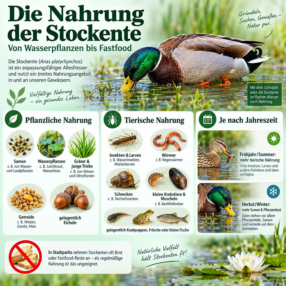 Infografik zur Nahrung der Stockente: Ente sucht im Wasser Nahrung; zeigt Pflanzen, Insekten, Würmer und Saisons.