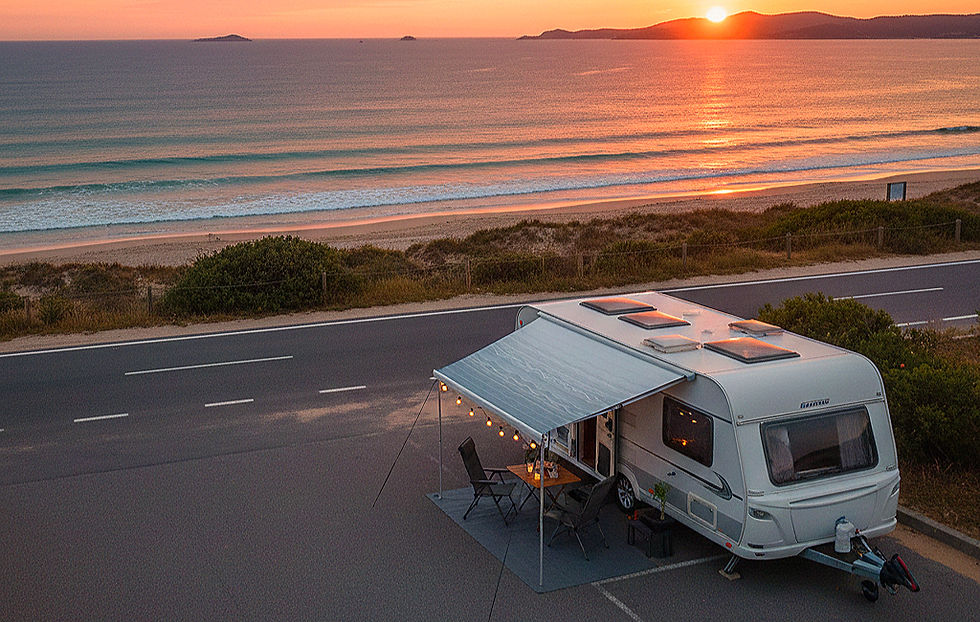 Wohnwagen steht am Strand während des Sonnenuntergangs, Küstenlandschaft, Camping mit dem Wohnwagen.