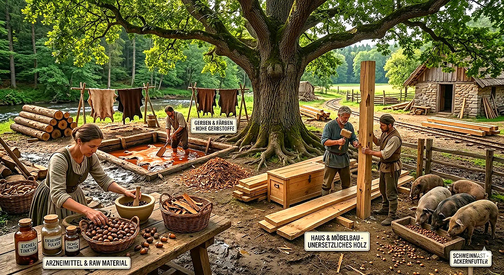 Menschen verarbeiten Holz und Gerbstoffe unter einem Baum