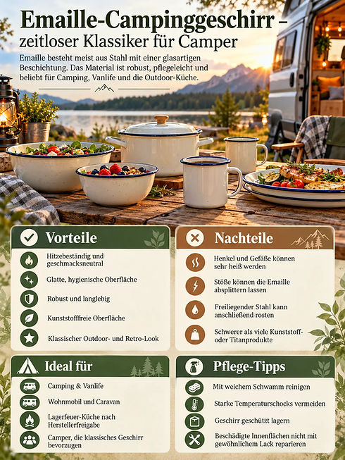 Emaille-Camping-Geschirr Infografik mit Vor- und Nachteilen