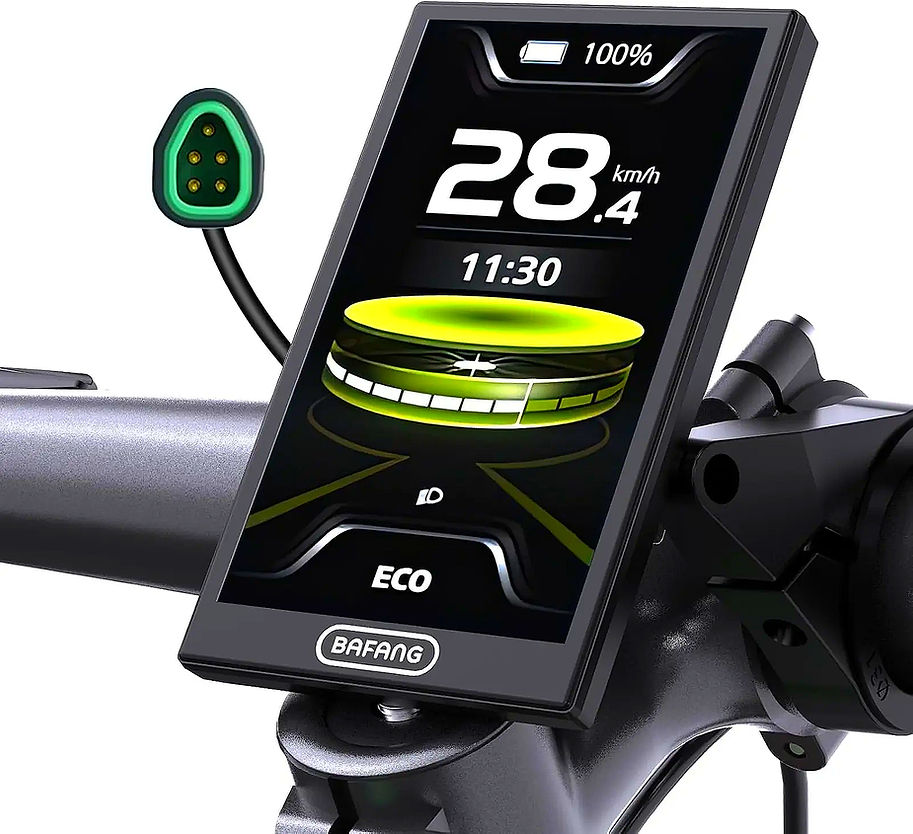 E-Bike Display zeigt 28 km/h, 11:30, ECO, Bafang am Lenker.