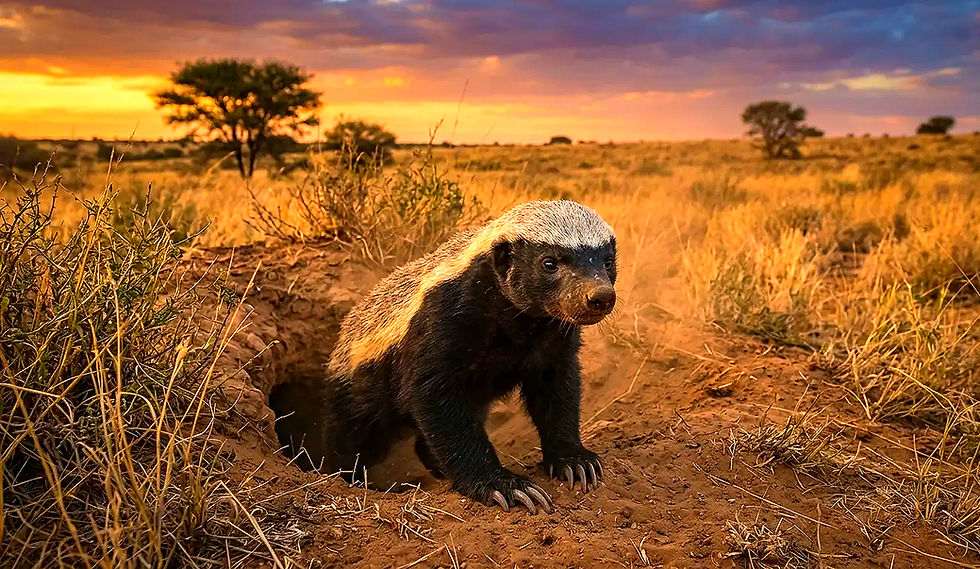 Honigdachs blickt aus Erdloch bei Sonnenuntergang.