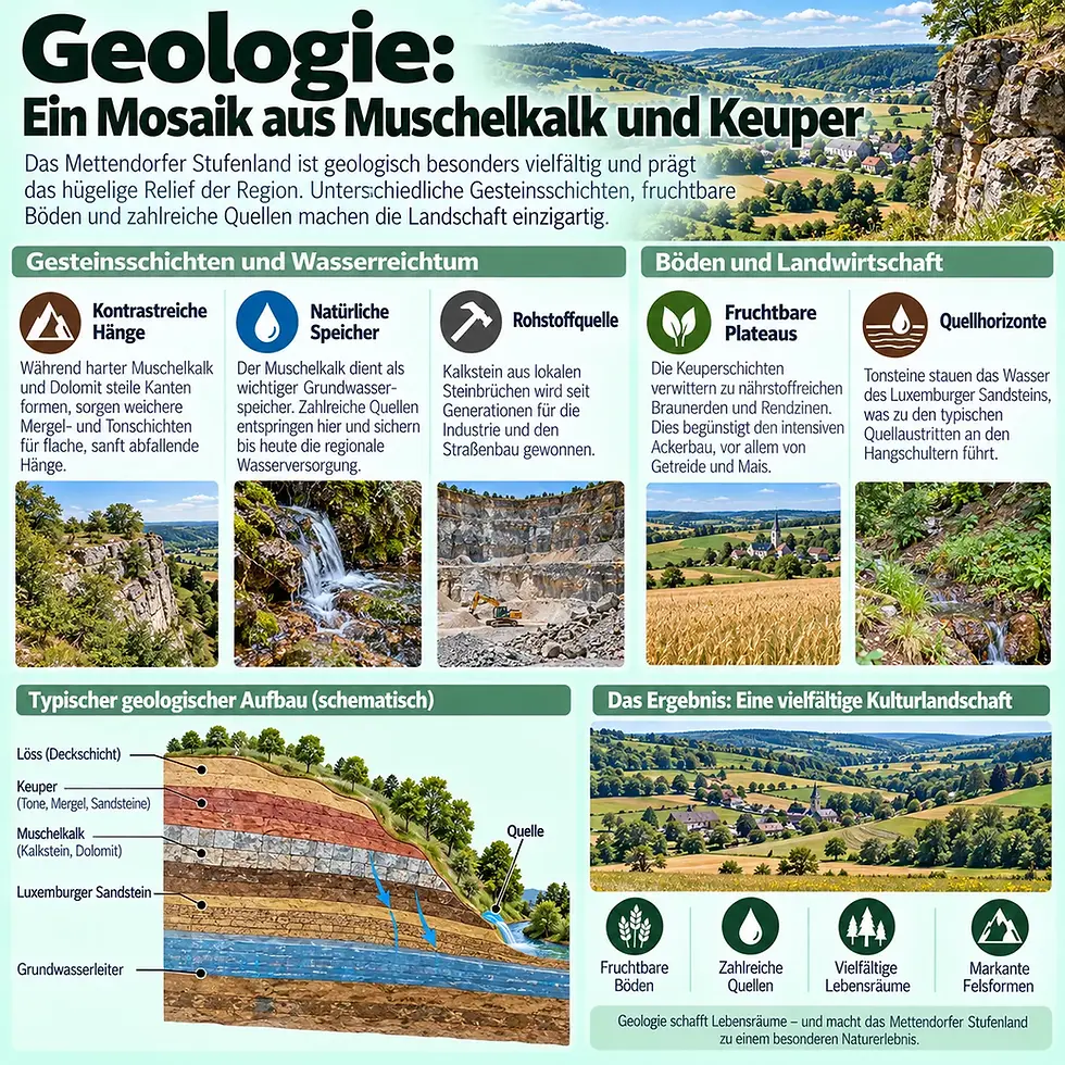 Infografik zur Geologie im Naturpark Südeifel mit Gesteinsschichten und Kulturlandschaft.