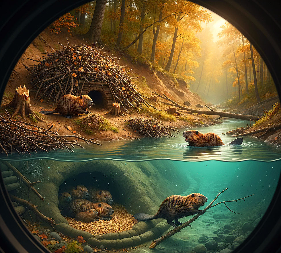 Querschnitt durch einen Biberbau mit den Bezeichnungen: Der Biber, Wohnzimmer, Fresszimmer. Der Biber