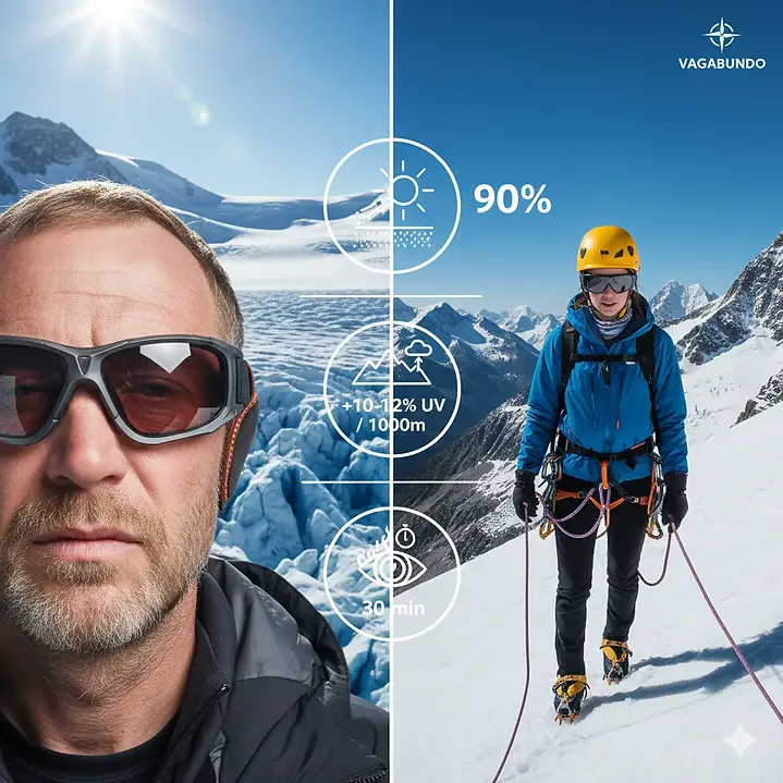 Mann mit GRANINGE Sonnenbrille, 90% 100% UV Schutz in den Bergen.