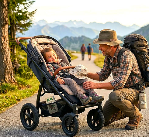 Vater mit Kind im Kinderwagen beim Outdoor-Abenteuer in den Bergen