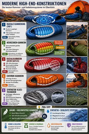 Infografik: Daunen- und Kunstfaserschlafsack-Konstruktionen