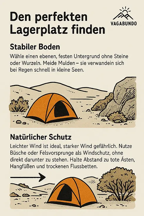 Infografik: Den perfekten Lagerplatz finden. Stabiler Boden, Natürlicher Schutz.