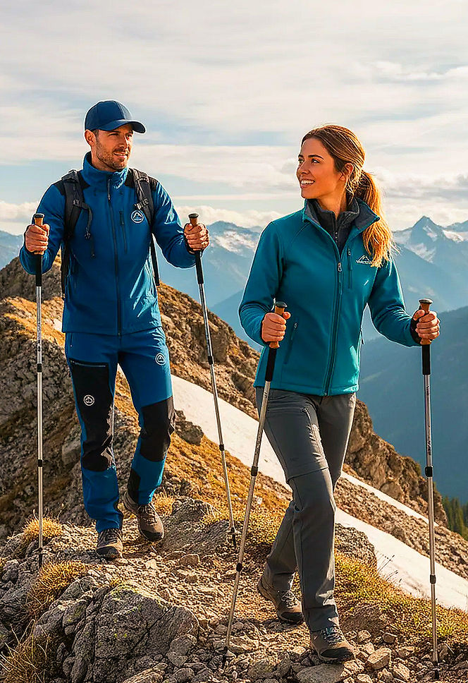 Mann und Frau wandern mit Stöcken auf einem Berggrat bei blauem Himmel.