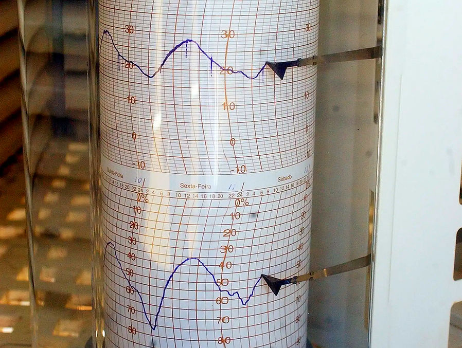 Barograph zeichnet atmosphärischen Luftdruck auf, zeigt historische Druckschwankungen deutlich.