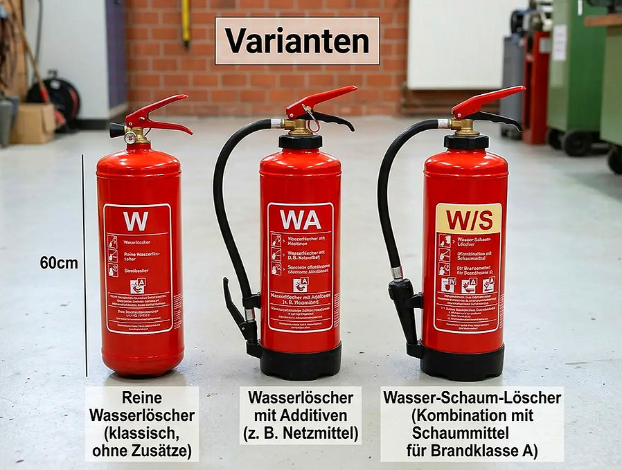 Drei Feuerlöscher-Typen: Wasser, Wasser mit Additiven und Wasser-Schaum.