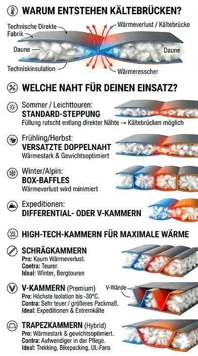 Schlafsack Infografik: Kammern, Nähte, Kältebrücken. Erklärt Daunenschlafsack.