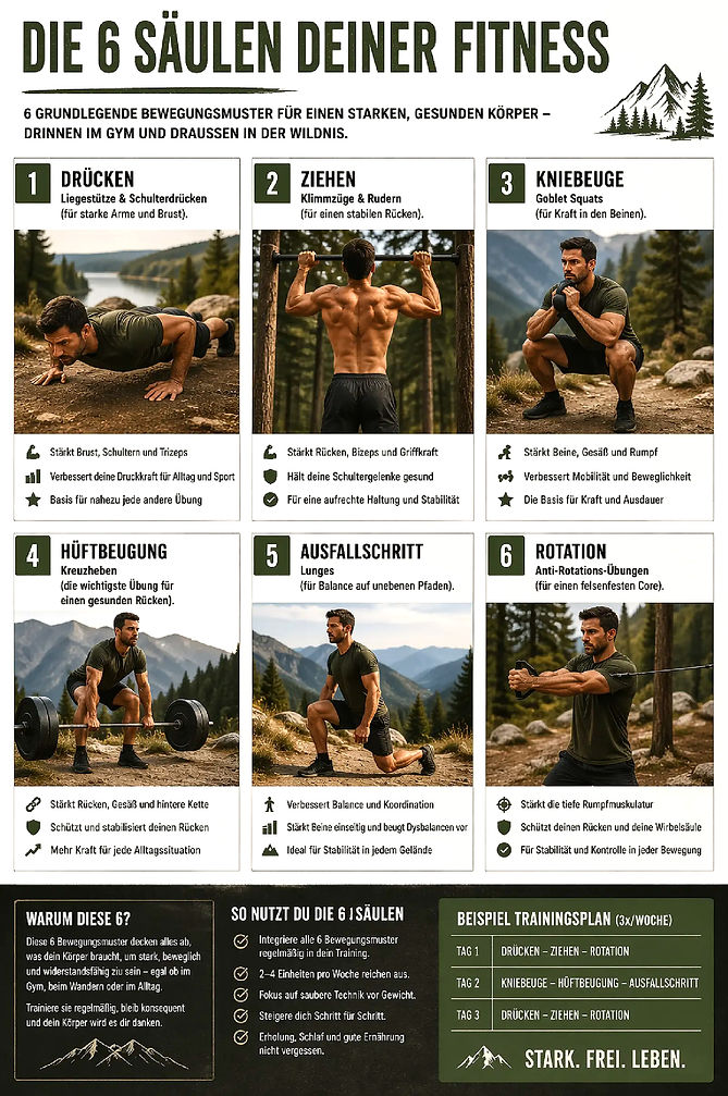 Infografik: Die 6 Säulen deiner Fitness mit Outdoor-Übungen für Ausdauertraining und Ganzkörpertraining in den Bergen.