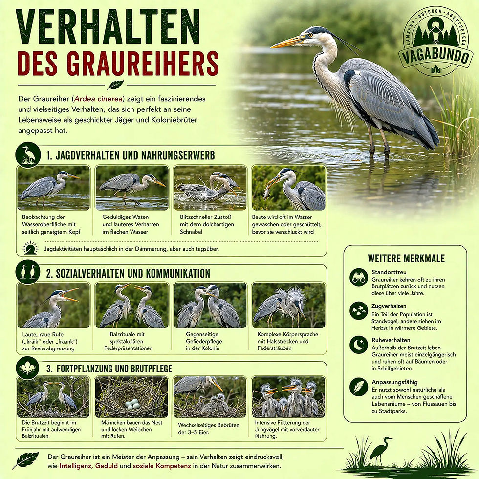 Infografik zum Verhalten des Graureihers mit Illustrationen.