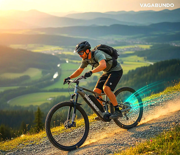Mann fährt E-Mountainbike VAGABUNDO bergab, wunderschöne Berglandschaft Sonnenuntergang.