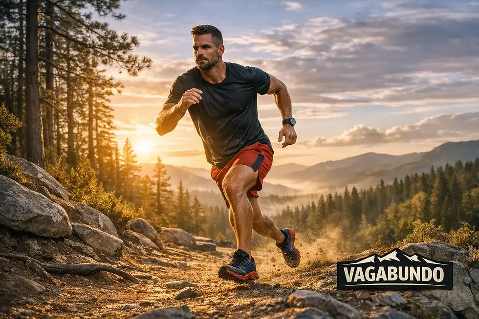 Mann beim Ausdauertraining auf Bergpfad bei Sonnenuntergang.