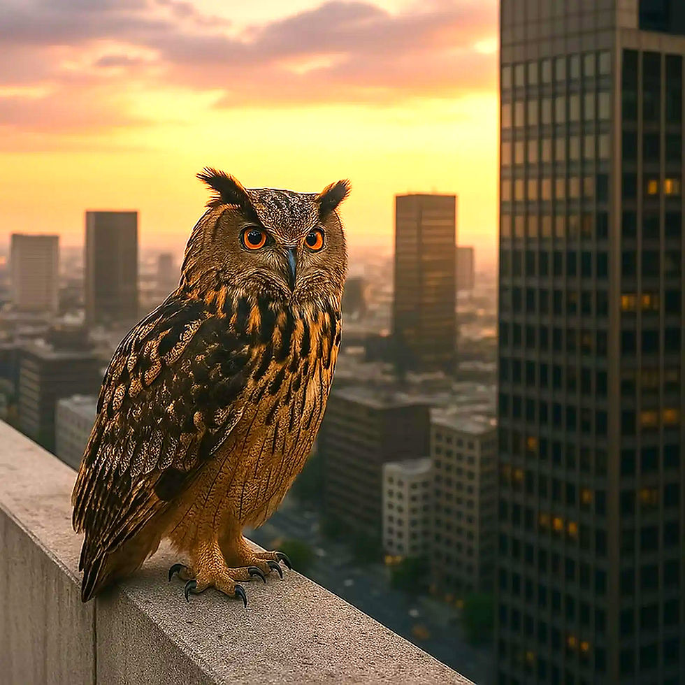Uhu sitzt auf einer Mauer mit Stadtblick und Der Uhu (Bubo bubo).