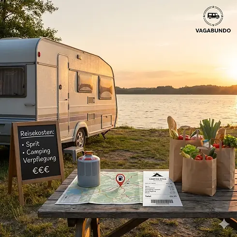 Wohnwagen am See bei Sonnenuntergang, Reisekosten, Sprit, Camping, Verpflegung.