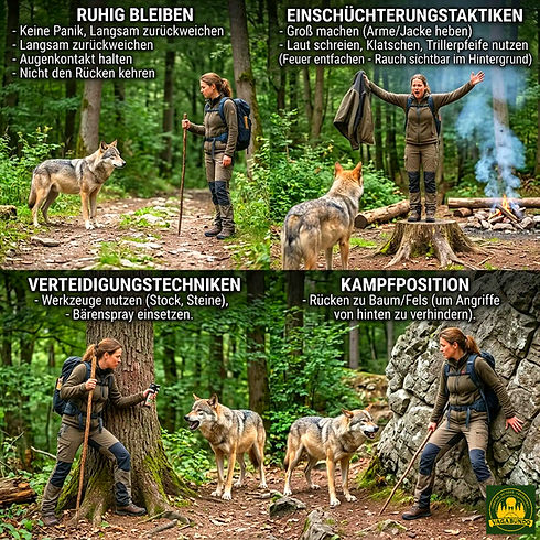 Wildtierverhalten: Mensch wehrt Angriffe von Wölfen ab.
