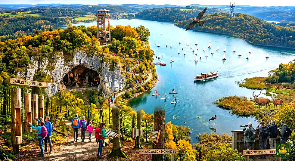 Naturpark Arnsberger Wald: Fluss, Turm, Herbstbäume, Boote