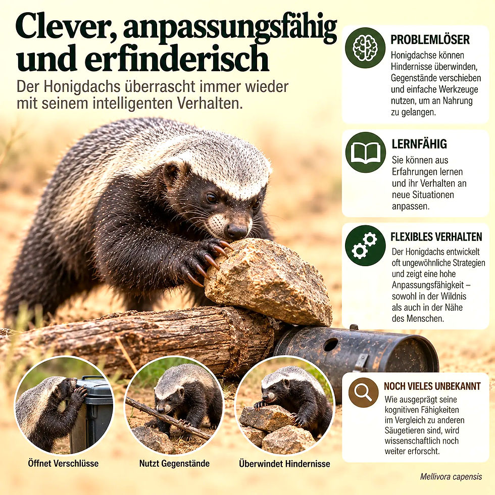Infografik mit Honigdachs auf sandigem Boden, der über einen Stein klettert; Text: Clever, anpassungsfähig und erfinderisch.