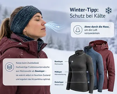Frau atmet in der Kälte, Tipps für Outdoor-Training im Winter