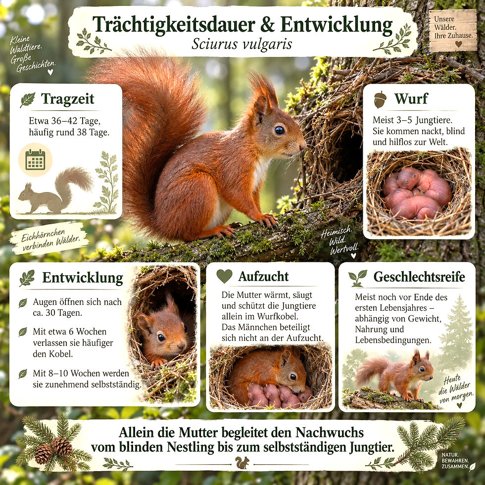 Infografik mit rotem Eichhörnchen am Baum, Nest mit Jungen und deutschen Texten zu Tragezeit, Wurf und Entwicklung.