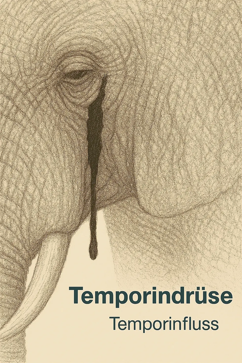 Nahaufnahme eines Elefanten mit Text Temporindrüse. Temporinffluss. Elefant und seine Tränen.