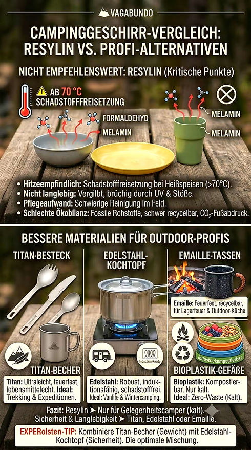 Vergleich von Camping-Geschirr: Recylin vs. Edelstahl, Titan, Emaille