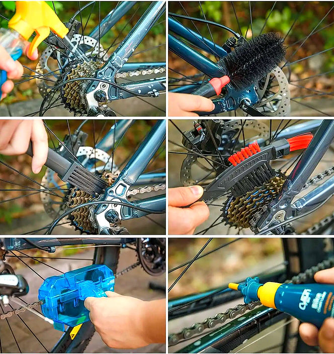 Anleitung zur Reinigung und Pflege einer Fahrradkette in sechs Schritten.