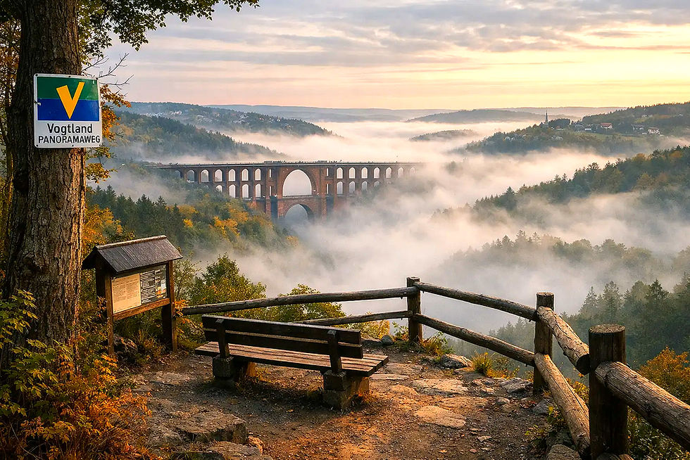 Viadukt über nebeligem Tal im Naturpark Erzgebirge-Vogtland