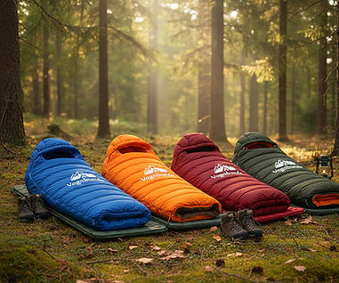 Vier farbige Schlafsäcke im Wald, Schlafsäcke-Alles | Schlafsack, im sonnigen Licht