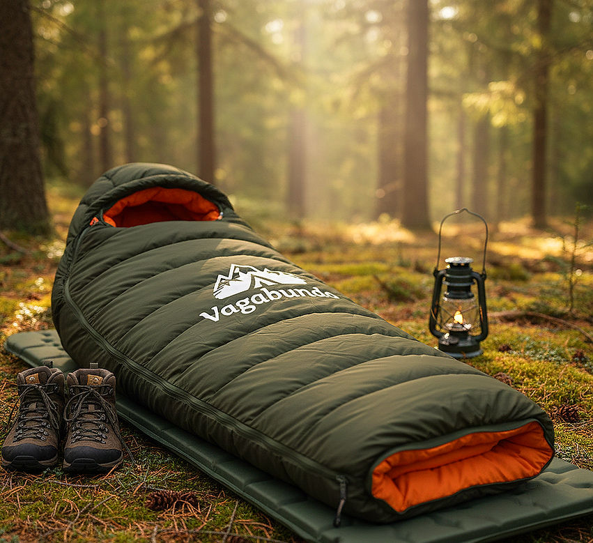 Grüner Schlafsack mit Vagabund-Logo, Wanderschuhe und eine Lampe im Wald