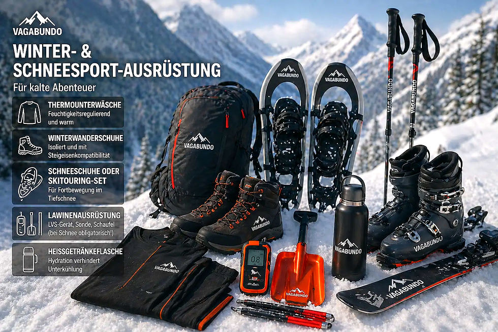 Skiausrüstung auf Tisch mit verschneiten Bergen im Hintergrund. 🌄 Outdoor-Ausrüstung Ratgeber – Outdoor.