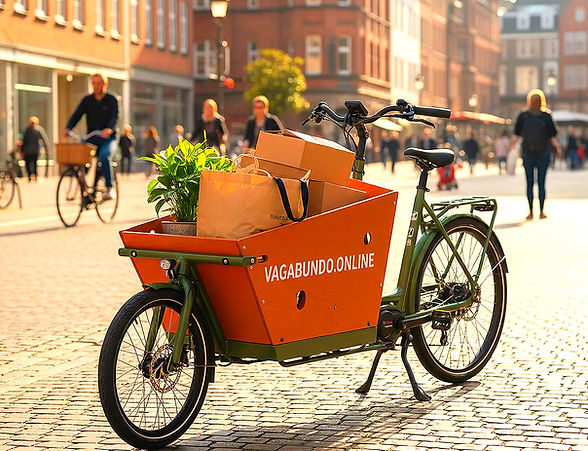 Oranges Lastenfahrrad mit VAGABUNDO ONLINE und Paketen auf gepflasterter Straße.