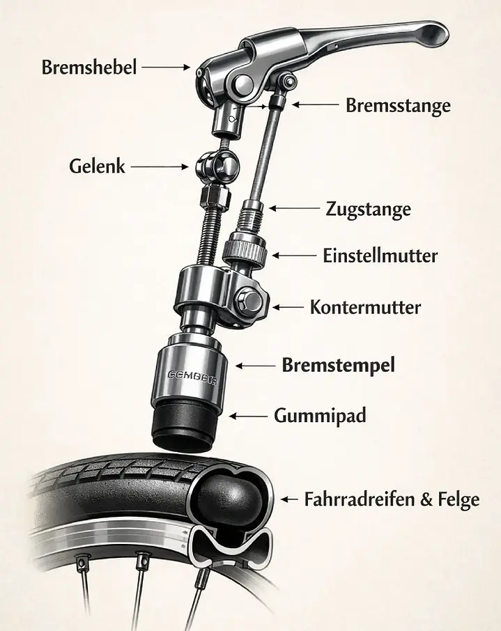 Diagramm einer Stempelbremse mit Bremshebel und Bremsbelag