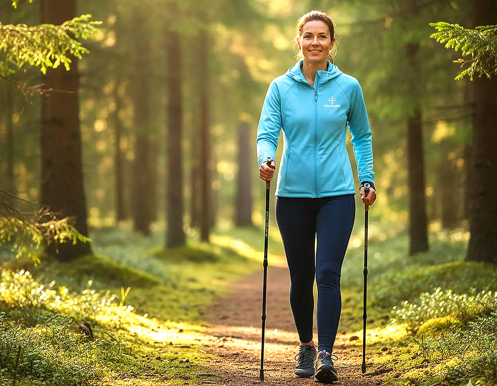 Frau beim Nordic Walking auf einem sonnigen Waldweg im Herbst.